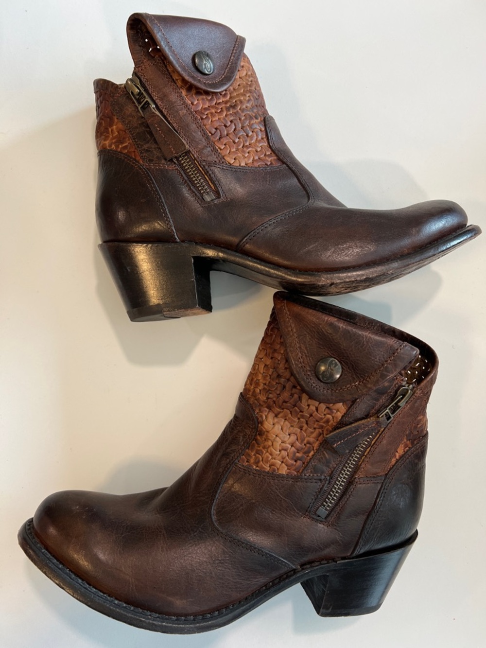Sonora - 9, Isabella, Brown Leather Woven Accent Ankle Boots, Heeled